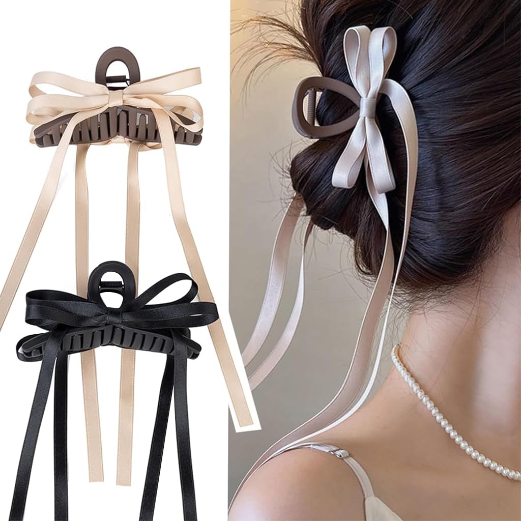 PALAY 2Pcs Hair Claw Clips for Women Stylish Bow Ribbon Large Claw Clip Non-Slip Matte Claw Hair Clips Strong Hold Barrette for Medium Thick Hair - Brown & Black PALAY 2Pcs Hair Claw Clips for Women Stylish Bow Ribbon Large Claw Clip Non-Slip Matte Claw Hair Clips Strong Hold Barrette for Medium Thick Hair - Brown & Black